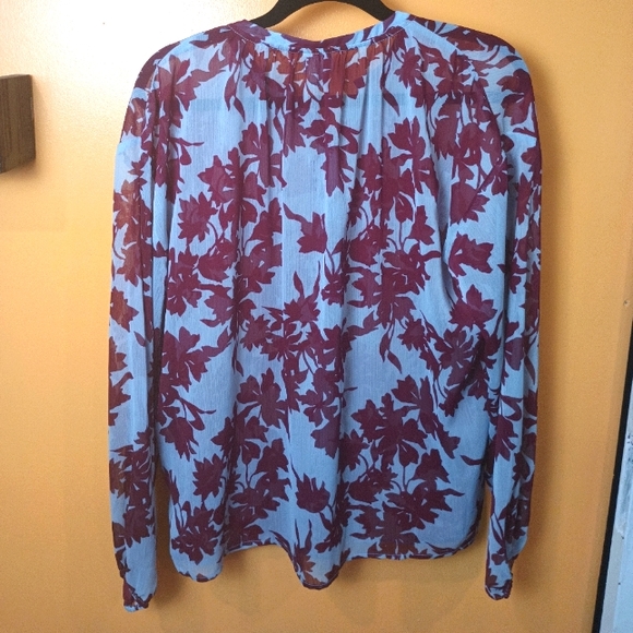 A New Day Maroon & Light Gray Long Sleeve Front Button Semi Sheer Top Size L - Picture 9 of 10